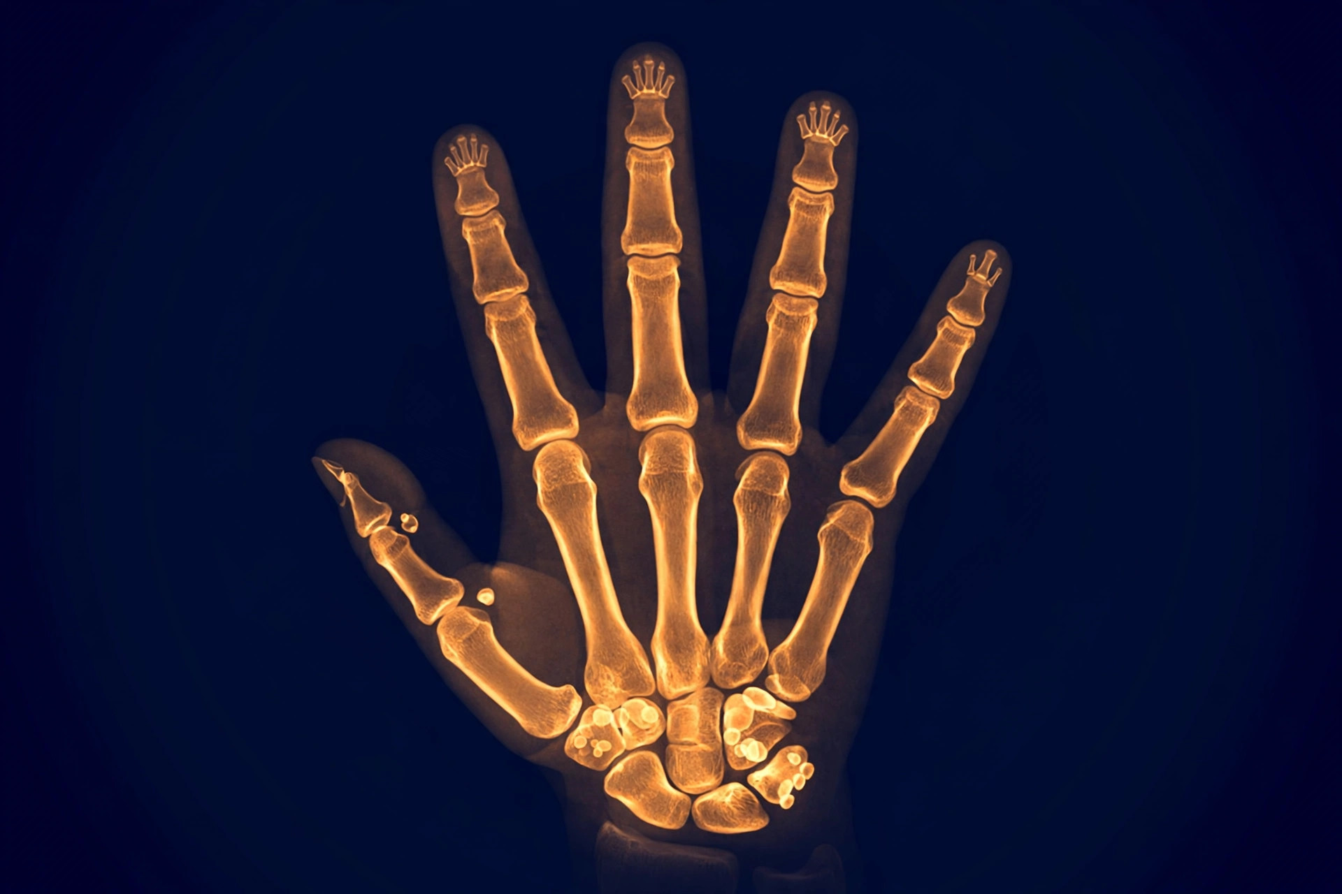 Scientific illustration of tiny bones on a deep navy background