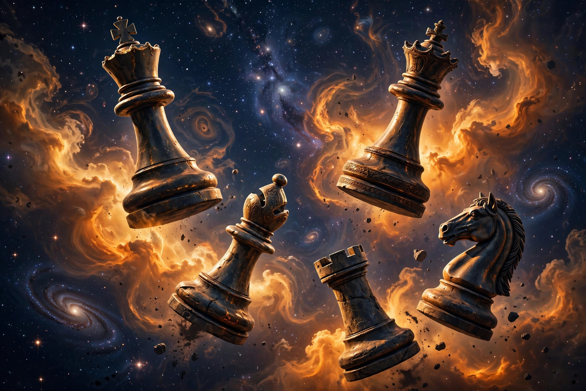 Giant chess pieces floating among stars in deep space