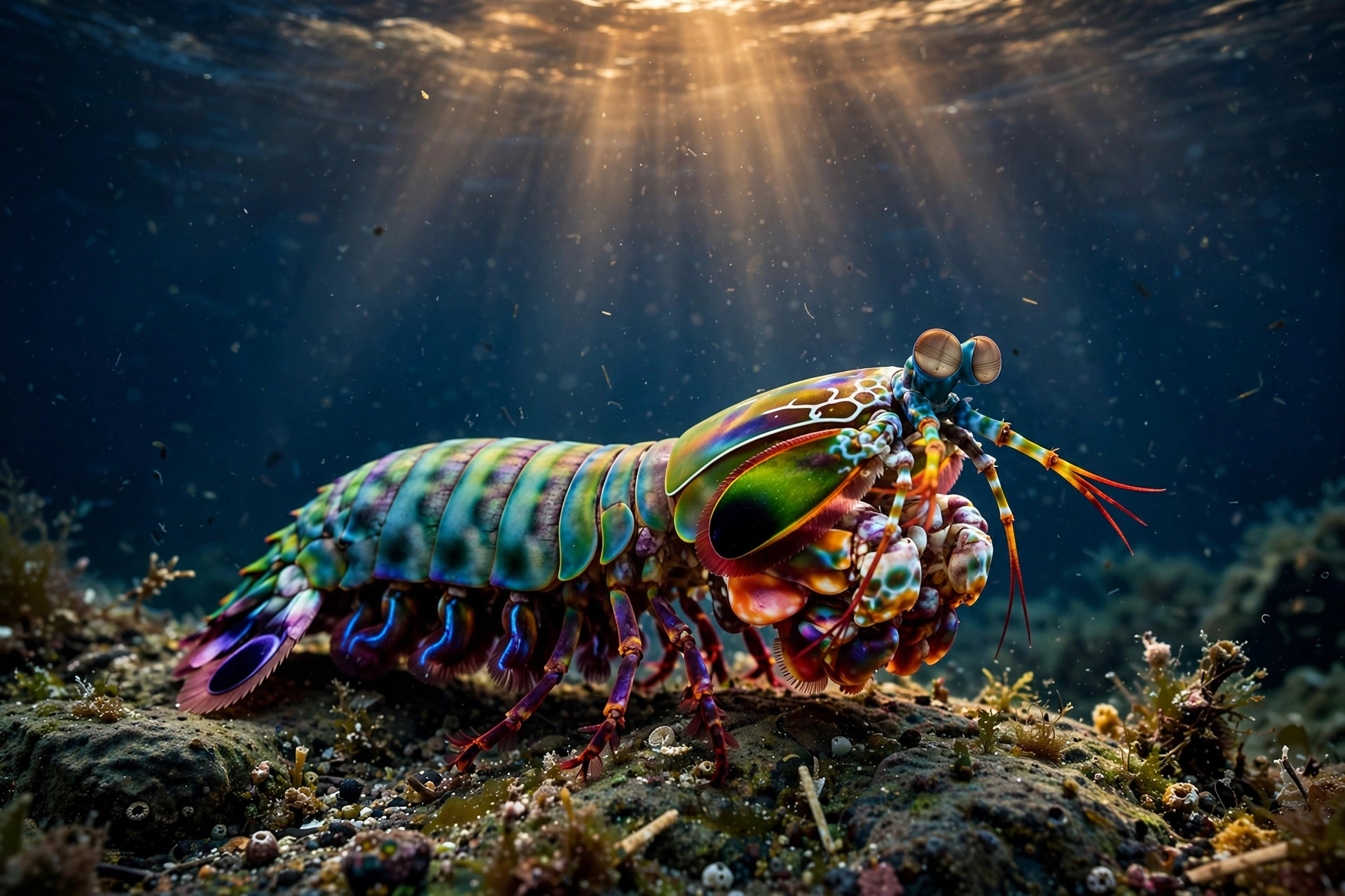 A colourful mantis shrimp underwater in deep blue water